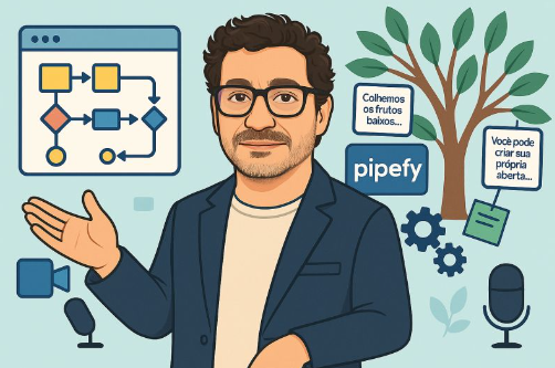 Ilustração de Cezar Cattani cercado por fluxos de processos, Pipefy, árvore da sabedoria e ferramentas de criação
